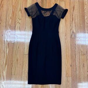 White House Black Market Black Short Sleeve Sheath Dress with Sheer Lace Accent